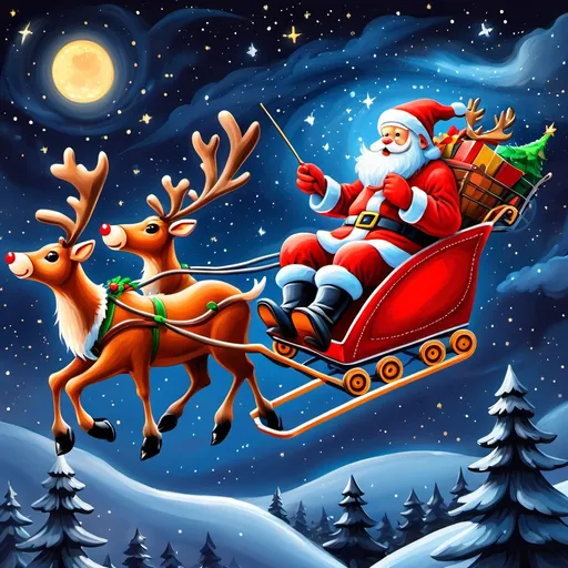 Prompt: Painting Santa and reindeer cart flying in the night sky.