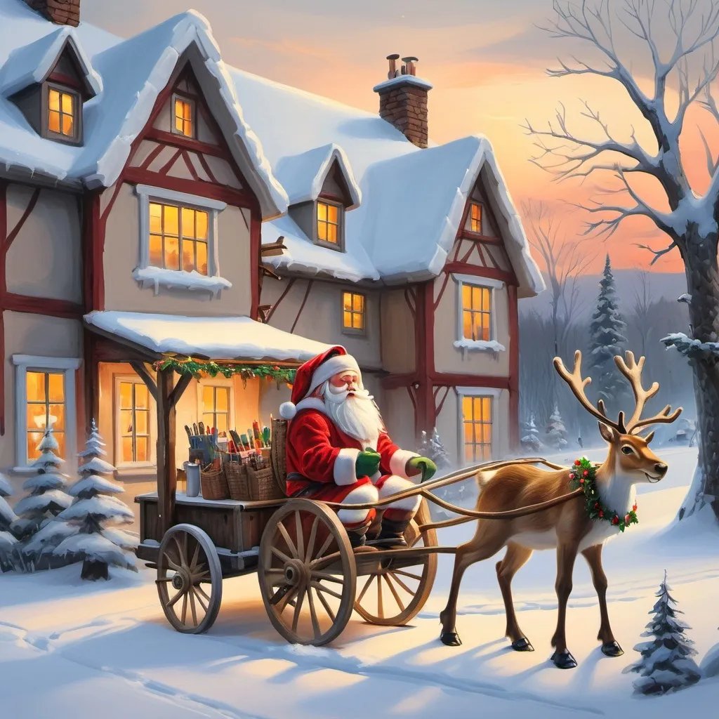 Prompt: Painting Santa and reindeer cart beside the country house.