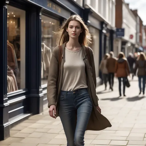 Prompt: Tall young woman walking down the high street, detailed clothing, realistic, natural lighting