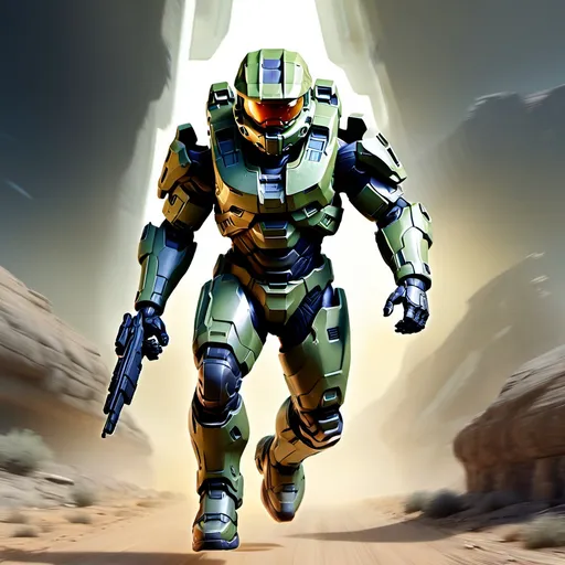 Prompt: master chief from sci fi halo game running down path
