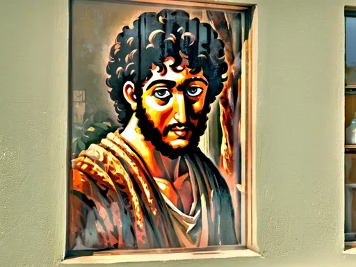 Prompt: photorealistic, (detailed face), intricate features, soft expression, (looking through window), (window frame shape), warm lighting, gentle shadows, vivid detail, reflective glass, inviting ambiance, serene atmosphere, cozy background, (4K), ultra-detailed, lifelike textures, high-quality rendering. The figure is male and should look like the person posing for the painting