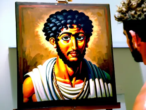 Prompt: Photo realistic portrait of the young man posing for the painting in the reference image. Create a photograph from which the Reference image might have been painted. Focus mainly on the face and neck and shoulders. Any images in the background should correspond to an indoor scene in first century A.D. Roman  Egypt. Match skin tone and facial features as closely as possible to the reference image