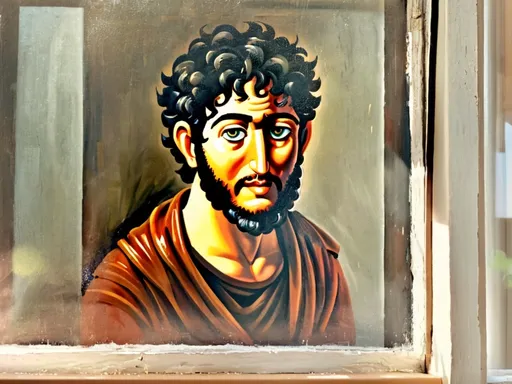 Prompt: photorealistic, (detailed face), intricate features, soft expression, (looking through window), (window frame shape), warm lighting, gentle shadows, vivid detail, reflective glass, inviting ambiance, serene atmosphere, cozy background, (4K), ultra-detailed, lifelike textures, high-quality rendering. The figure is male and should look like the person posing for the painting