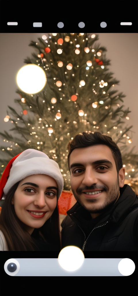 Prompt: a couple taking a selfie in front of a christmas tree with lights on it and a camera attached to the phone, Bouchta El Hayani, les automatistes, 150mp, a polaroid photo