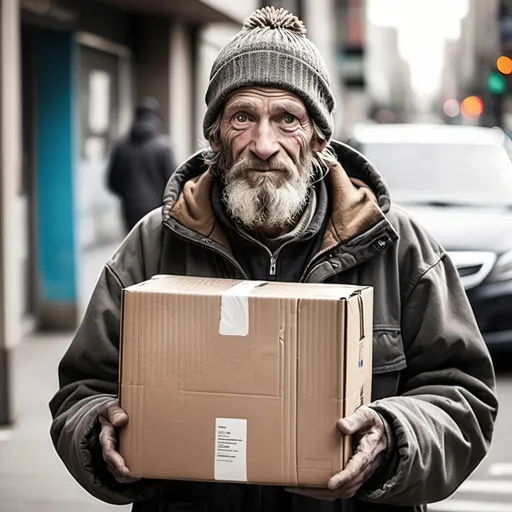 Prompt: Create a homeless man receiving goods from donors