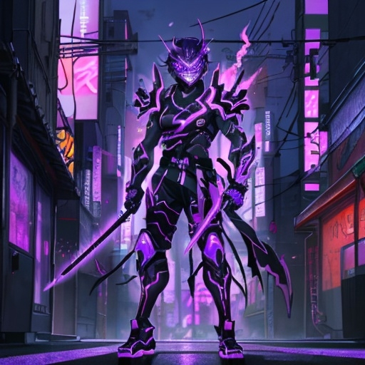 Prompt: A neon anime ronin with black and purple armor and a purple flaming mask standing in front of a neon purple city