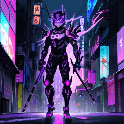 Prompt: A neon anime ronin with black and purple armor and a purple flaming mask standing in front of a neon purple city