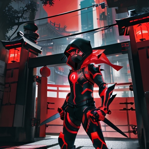 Prompt: A neon red ninja wearing red electric armor and and a black and red mask and hood in front of red Japanese gate