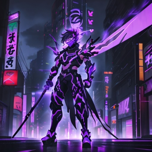 Prompt: A neon anime ronin with black and purple armor and a purple flaming mask standing in front of a neon purple city