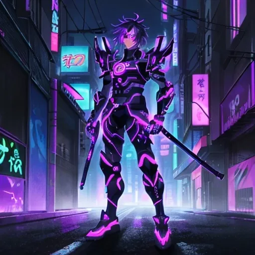 Prompt: A neon anime ronin with black and purple armor standing in front of a neon purple city