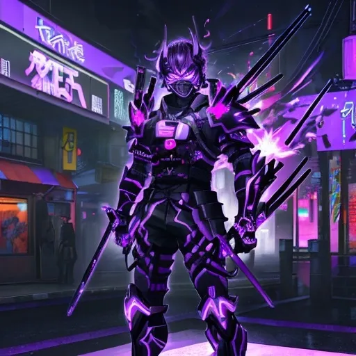 Prompt: A neon anime ronin with black and purple armor and a purple flaming mask standing in front of a neon purple city