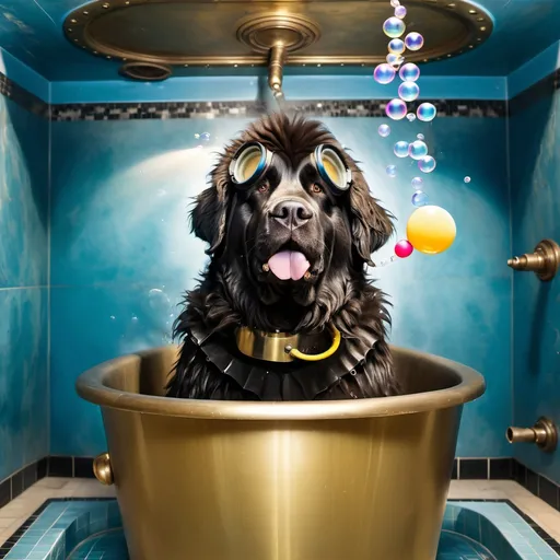 Prompt: Newfoundland dog in a diving suit in a brass bath blowing bubbles