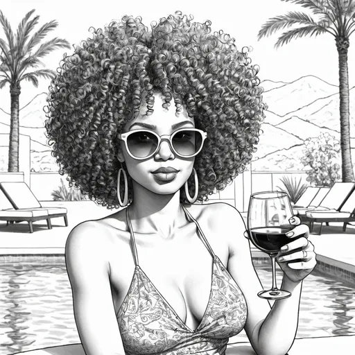 Prompt: A woman with a curly afro sitting by the pool. She is wearing sunglasses and has her hair wrapped and is holding a glass of wine. 