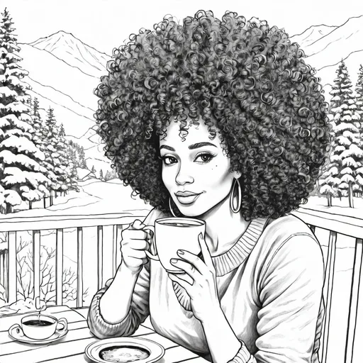 Prompt: A woman with a large curly afro. She is sipping coffee on her large deck with a snowy background. 