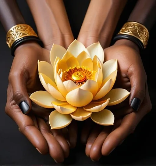 Prompt: Golden lotus flower being cuffed by black hands 