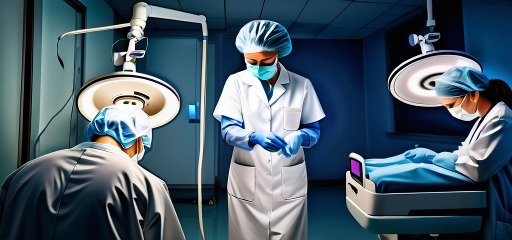 Prompt: Contemplary art
Use same measure and designs in the image to generate image of doctors and nurses carrying out brain surgery with latest  technology use hospital theatre colors to decorate the scenry