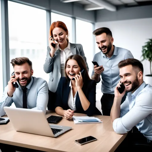 Prompt: multiple men and women relaxing in the office, not stressing, smiling, joking, smiling on the phone, making money