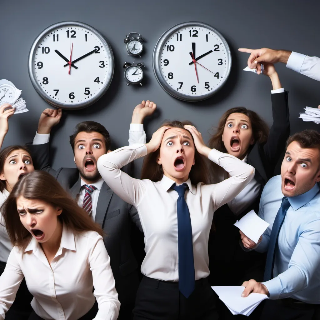 Prompt: A picture of anxious sales people trying to close every deal for their corporate quarter end, slightly dramatic effect, pulling hair out, include men and women, throwing notepads around, include a clock on the wall, some people are worried