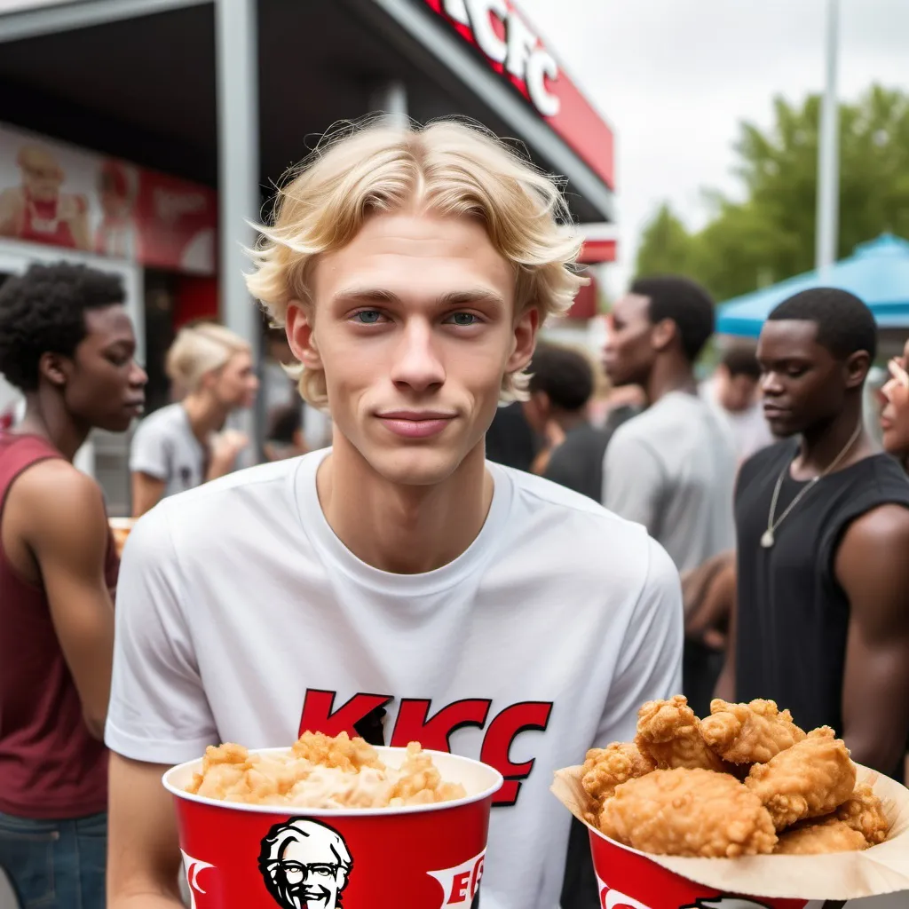 Prompt: Skinny blonde finnis guy with middle part giving kfc to the black community