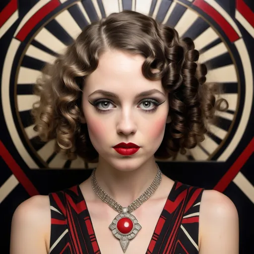 Prompt: A young Caucasian woman with , curly hair like 20s era. She has acessories of the 20's and is dressed like a woman of that era.  She has bold red lipstick and dramatic eye makeup. The background appears to be a geometric Art Deco style pattern. She has thirty years old. She is sensual and full of life. She is not very pretty shes is more sensual. 
She uses  clothes wiith color and they are chic