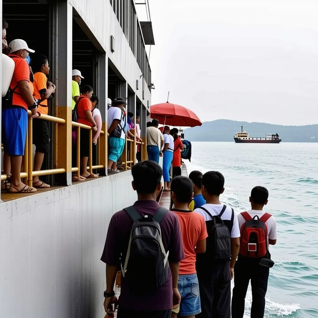 Prompt: I have a booking website for ferry tickets in the philippines. create a picture with people boarding the ferry