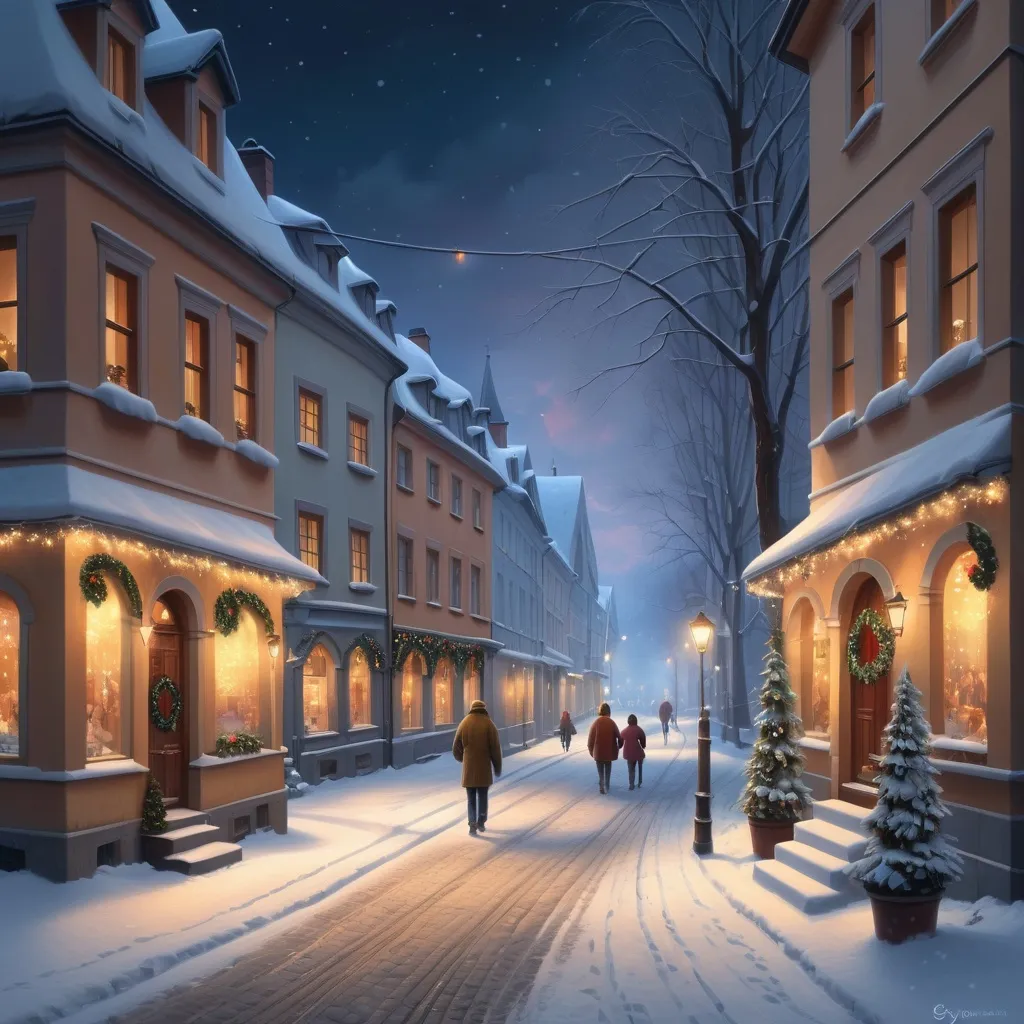 Prompt: a snowy street with christmas lights and people walking down it in the snow at night time with a lot of snow on the ground, Evgeny Lushpin, german romanticism, magical atmosphere, a picture