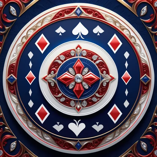 Prompt: (circular design of Jack of Diamonds playing card symbol), vivid reds and sparkling whites, elegant diamond motifs within the circle, dynamic composition, intricate details showcasing classic card design elements, rich background in deep royal blue, vibrant atmosphere, visually striking high-contrast, (4K ultra-detailed rendering) suitable for playing card artwork.