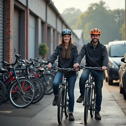 Prompt: un azienda metalmeccanica dove impiegati e meccanici si recano a lavoro in bici. sono felici e parcheggiano la bici nel parcheggio azineedale. Fra i lavoratori ci sono donne e uomini in ugual numero
