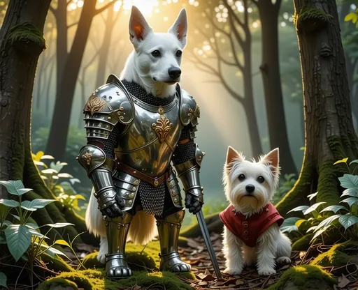 Prompt: (white australian cattle dog knight), standing upright at six feet tall, detailed armor with intricate designs, with his companion, a (small shaggy cream-colored terrier in a jester costume) on all fours, playful expression, lush enchanted forest background, soft diffused sunlight filtering through trees, warm golden tones, dynamic stance, whimsical harmony between knight and companion, ultra-detailed, high-quality image.