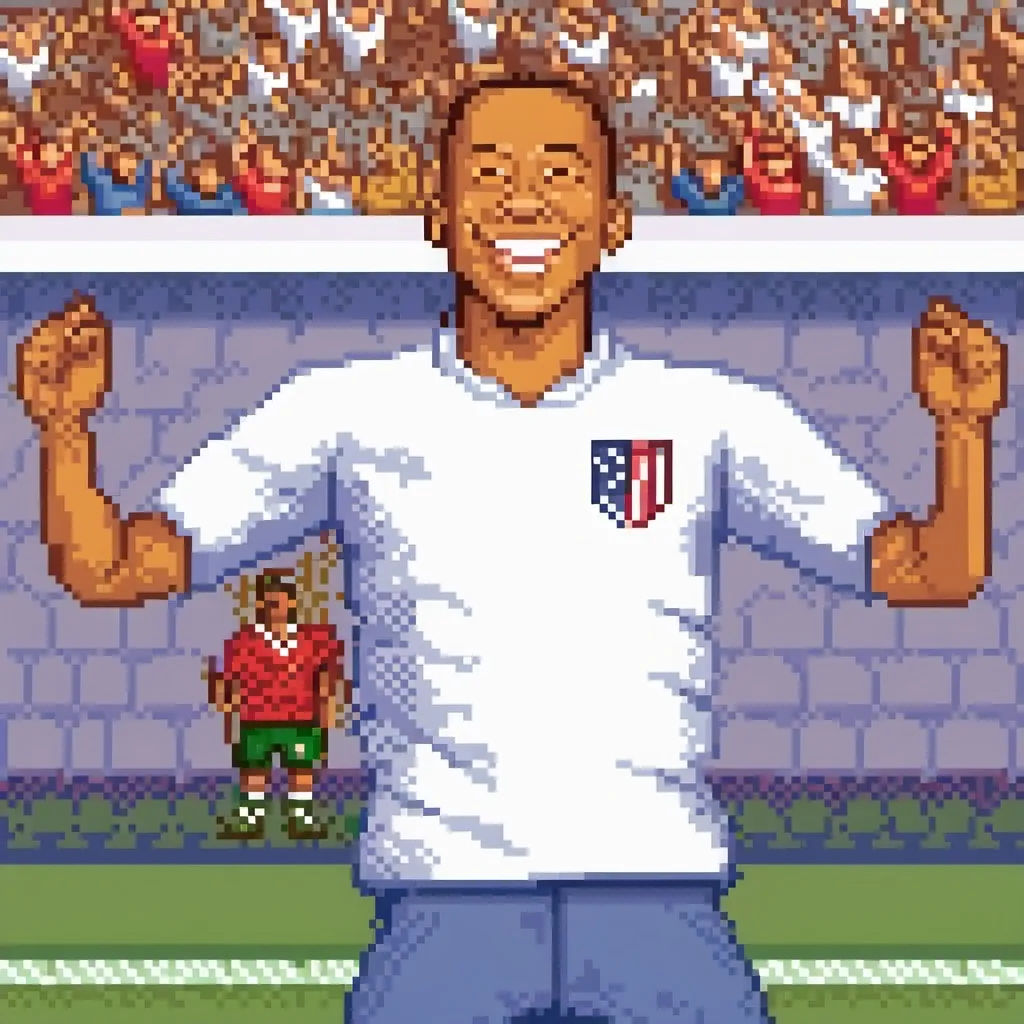 Prompt: ronaldoin a white shirt is playing soccer and is smiling and arms outstretched in the air with his hands out, Americo Makk, plasticien, foto realistic, a colorized photo