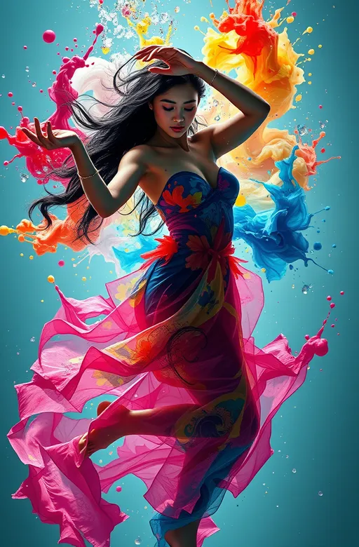 Prompt:  Asian female in vibrant, colourful paint splash attire, dancing in a dynamic, fluid silhouette, as if underwater, with brushstrokes of water ink blending into an ethereal, abstract ink cloud, conveying the fluidity of emotions through loose, expressive painting style, reminiscent of Alberto Seveso's art, with intricate details, cinematic lighting, and fractal isometrics, evoking bioluminescence, in a highly detailed, photo-realistic dynamic, with smooth, sharp focus, inspired by the concept art of Artstation, and the styles of Frank Frazetta, Artgerm, Carne Griffiths, and Wadim Kashin, in a beautiful, stunning full-body representation, with water droplets suspended in mid-air, as if frozen in time, amidst a whirlpool of colours, creating an immersive, dreamlike atmosphere.