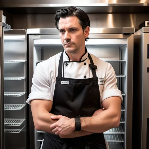 Prompt: a handsome man with dark hair is wearing a chef's apron. He is handcuffed to a restaurant refrigerator 