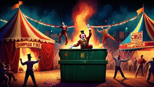 Prompt: three-ring circus with a trash dumpster on fire in the center ring, (central theme: dumpster fire), vibrant colors, dramatic lighting, sprawling circus tents, chaotic atmosphere, vibrant performers, lively interaction among clowns and acrobats, gritty texture, contrasting with the whimsical circus environment, nighttime setting, detailed background elements like audience silhouettes, (high quality: ultra-detailed), whimsical chaos and intrigue.