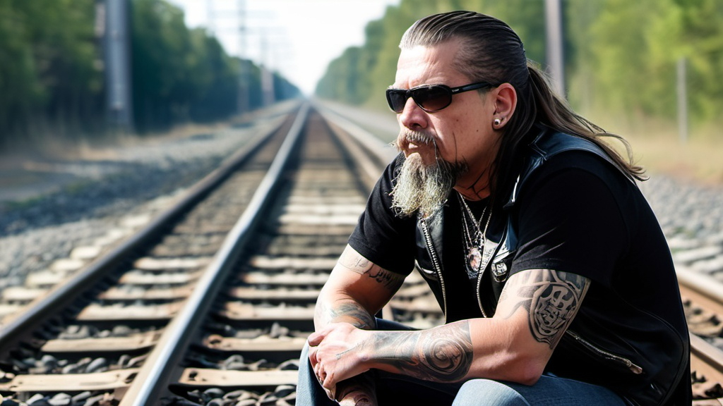 Prompt: A middle aged biker with tattoos, long hair, and a goatee sitting next to the railroad tracks visualizing a freight train running through his mind