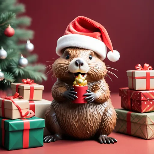 Prompt: A cute christmas beaver with a christmas hat, surrounded by christmas presents and is blowing kisses