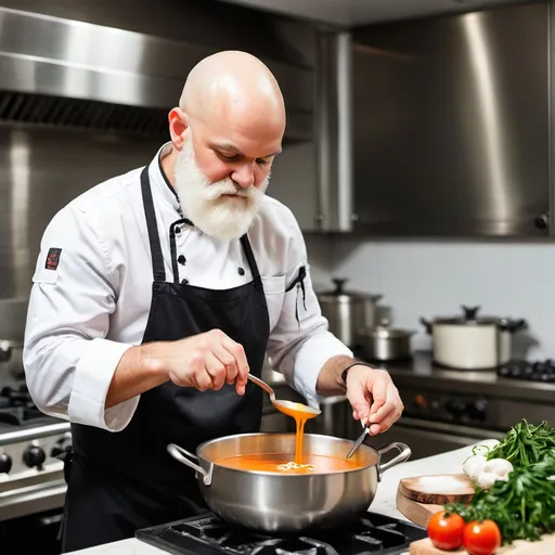 Prompt: Bald chef with white beard making soup
