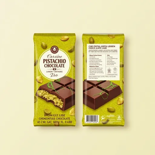 Prompt: product label for pistachio chocolate bar front and back 
design with detail 
show the chocolate and pistachio on the label  