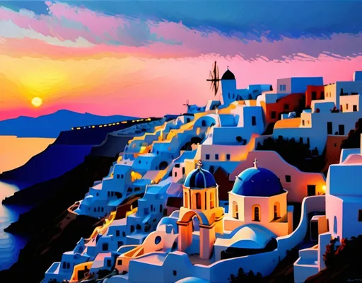 Prompt: Dusk setting of Santorini made with impressionist brush strokes 