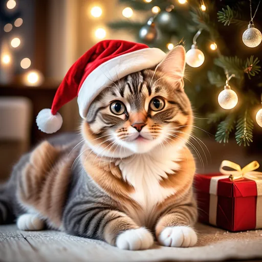 Prompt: A (happy cat) wearing a Santa hat, twinkling lights, sitting under a festive Christmas tree, (bright and cheerful) holiday vibe, warm colors, cozy atmosphere, sparkling lights, ultra-detailed, high-quality, (inviting decorations), soft shadows, joyful ambiance, winter-themed backdrop, delightful scene depicting holiday spirit, magical ambiance.