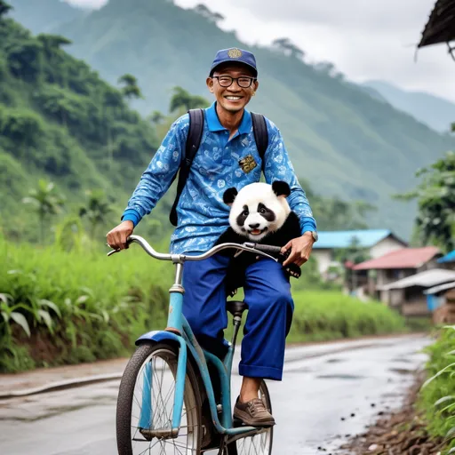 Prompt: "Man indonesian 49s age, smile, wear glasses, polo cap logo "G" ,   wear batik motif bee plat name "GIEFANO", long pants blue jins, riding bicycle, holding a  panda cub on the street village. Background mountain, river, forest, raining."