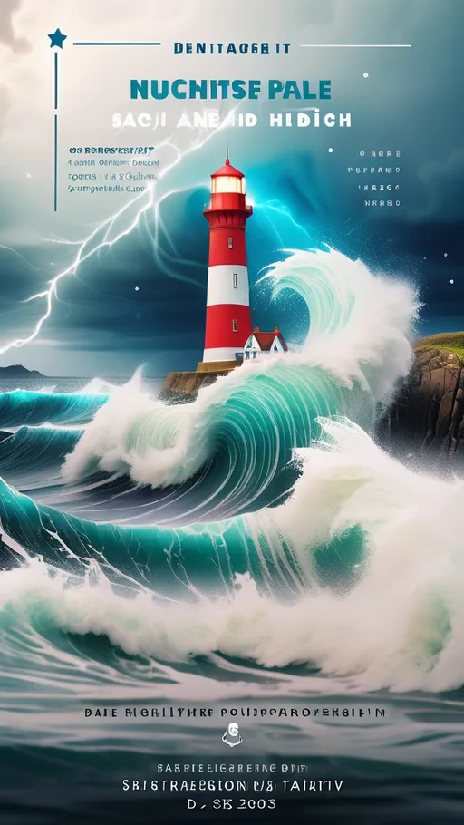 Prompt: flyer with rendered lighthouse image with bright colour and stormy sea, shore, raging wave in he background, starry night