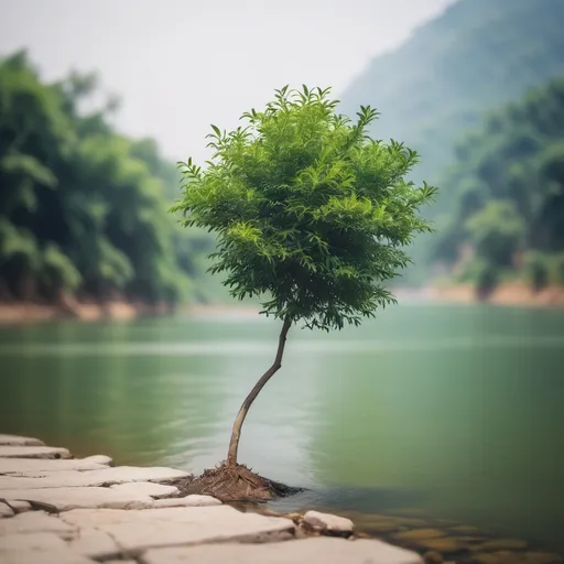 Prompt: A small Tree on river side with blurr background