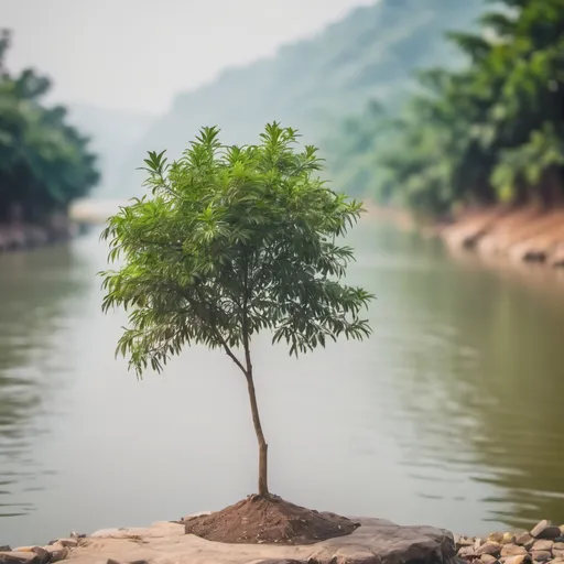 Prompt: A small Tree on river side with blurr background