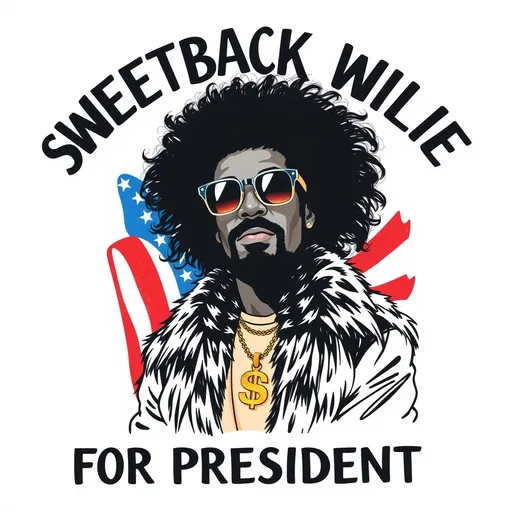 Prompt: T Shirt design, white transparent background, a sketched lean and serious looking 1970s black man funk singer, black fur coat, very large black afro, one gold chain with a gold dollar sign pendant, big sunglasses, in front of a red white and blue background, at top well over his head in big black letters it says SWEETBACK WILLIE, at bottom in big black letters it says FOR PRESIDENT 