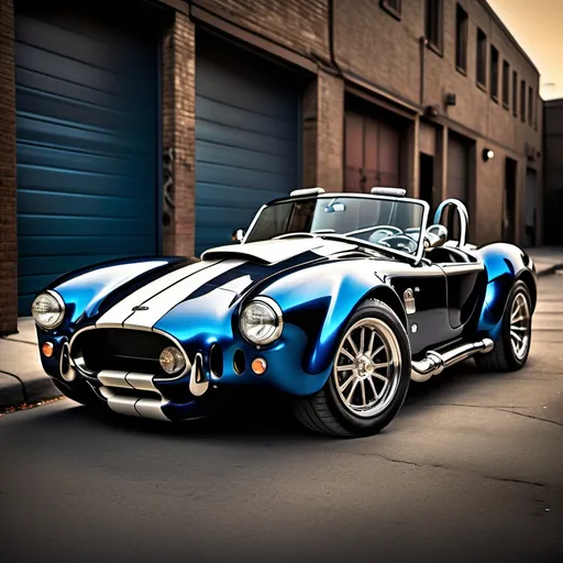 Prompt:  futuristic, Sleek, high-performance AC Cobra with sharp, linear lines and aggressive, brutal contours, body crafted from lightweight carbon fiber, adorned with insane, intricately detailed designs, illuminated by dramatic studio lighting, parked on a weathered, old street lined with close-door garages, set against a richly detailed, matte-painted background with deep, complementary colors, inspired by the fantasy concept art of Simon Stalenhag, Ash Thorp, and Ian McQue, rendered in stunning 8k resolution, evoking the cutting-edge visuals of Unreal Engine 5.