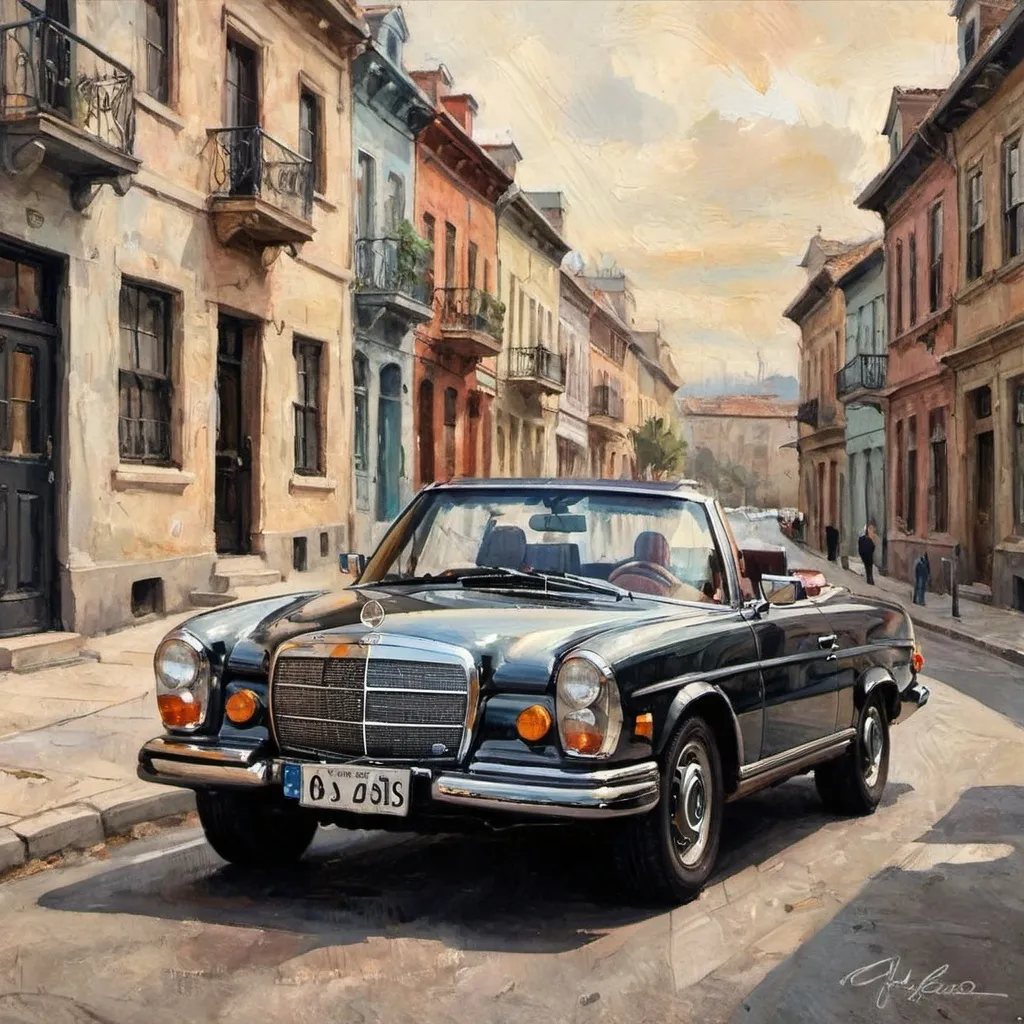 Prompt: A visually striking abstract mix techniques (acrylic_oil_watercolor) painting masterfully crafted with palette brush of different sizes
and thickness ,rich colors, heavy wide and thin strokes, A low 3/4 angle view captures the intricate details of a black 1970 Mercedes-Benz 280SE Cabriolet Low Grille 6 Cylinder , rendered in a detailed digital painting. ultra-realistic detail, The background, old authentic down town street, with its blend of muted colors, adds a dreamy and ethereal feel to the artwork, elevating its overall allure. Signed by "1970 Mercedes-Benz 280SE Cabriolet " this enthralling piece showcases a perfect harmony of traditional and digital art, embodying a unique and captivating artistic expression.