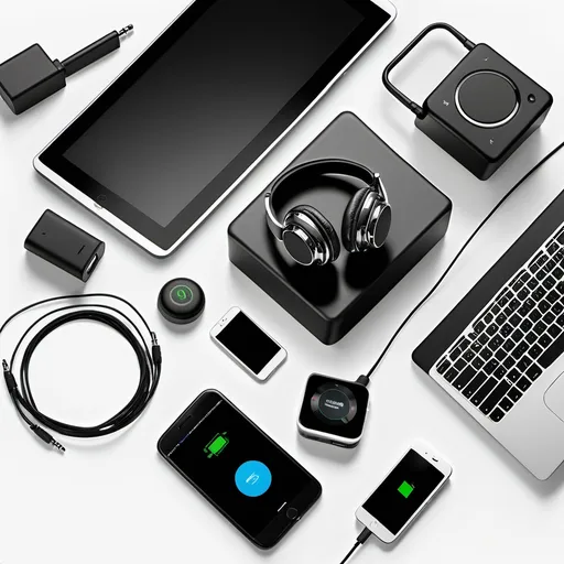 Prompt: Visual poster for marketing, tech accessories(Headphone, Earphone, keyboard, charger, speaker, smartwatch), classic, black base, catchy
