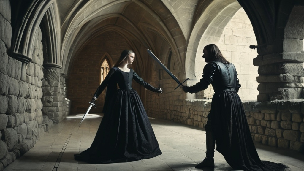 Prompt: a man and a woman in medieval dress holding swords in a stone room with stone walls and stone arches, Dirk Crabeth, gothic art, medieval, a renaissance painting