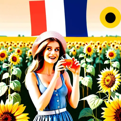 Prompt: A french girl in sunflowerfield, whimsical, thin line art, flat color illustration, high quality, baret, mouth closed, french flag in background, drinking aperol spritz