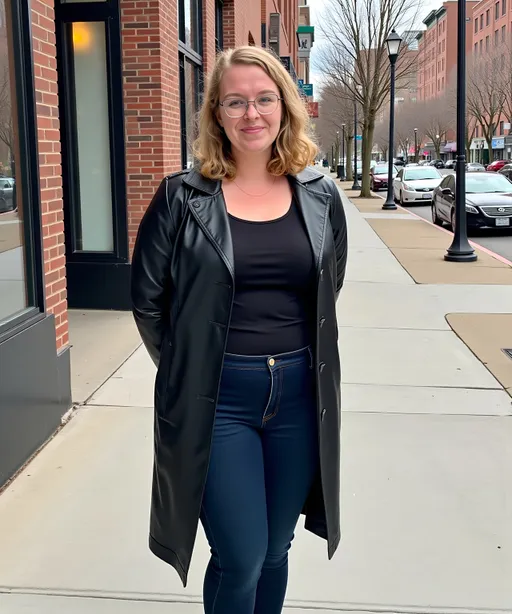 Prompt: Outside at park. Standing on downtown busy city sidewalk. Hair is dirty blonde colored. Haircut down to her neckline. Wearing a long slim black leather trench coat. Wearing white shoes, dark mom high rise jeans and low cut top. Looking at camera. Hands and arms behind back. Puffy. Curvy body. Close up. Dark outside. Frontal view. 